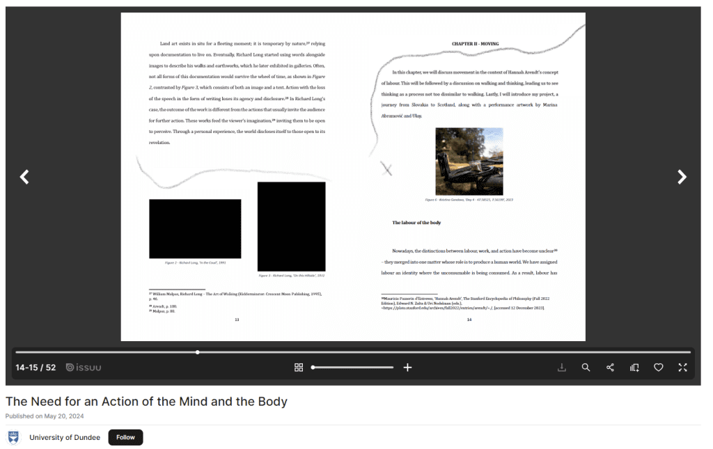 Screenshot of a student's dissertation published on the University of Dundee's ISSUU platform, displaying a two-page spread from the dissertation, giving an example on the left page where two images have been redacted, with black-coloured boxes filling the images, and on the right page, a photograph taken by the author which has not been redacted